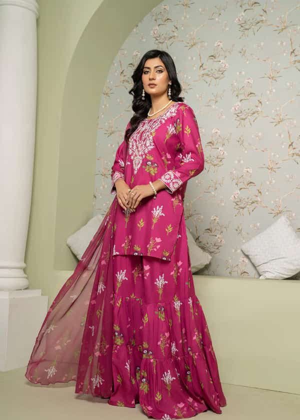 Pink Embroidery+Printed 2pcs sharara