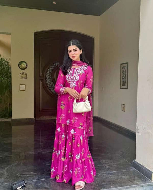 Pink Embroidery+Printed 2pcs sharara