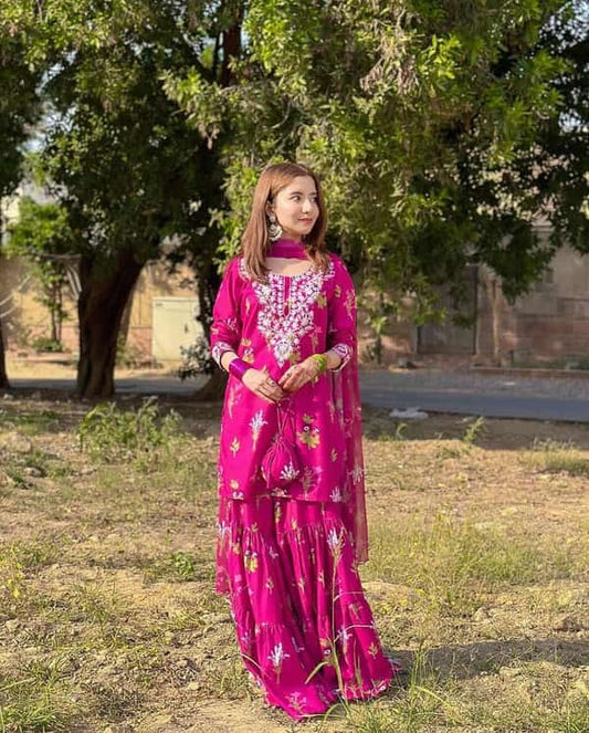 Pink Embroidery+Printed 2pcs sharara